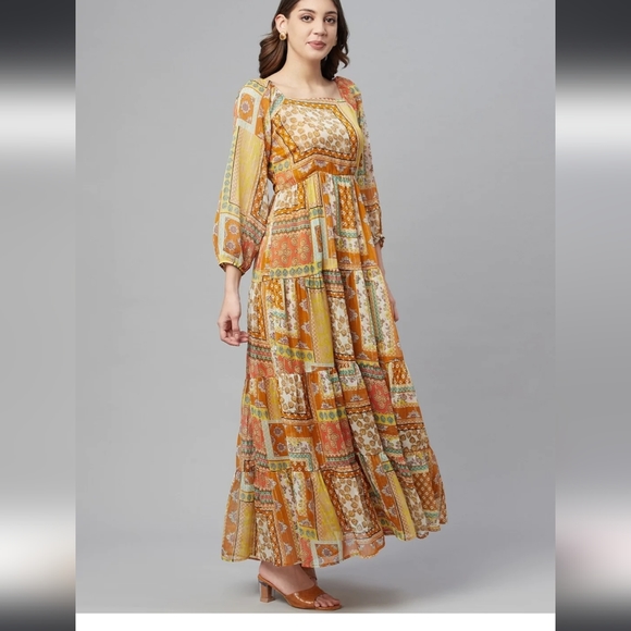 Cottinfab Women Mustard Yellow Ethnic Printed A-Line Maxi Dress - Picture 3 of 7